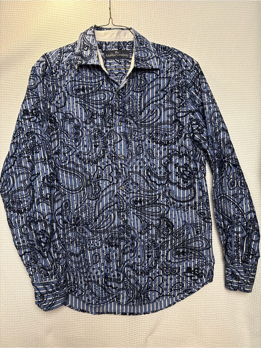 Malibu Cowboy Blue raised velvet Paisley-Print Long-Sleeve Button-Down Shirt